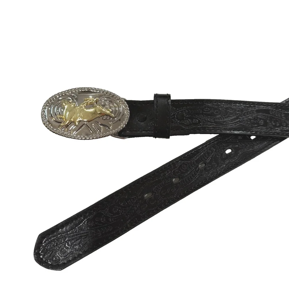Nocona Western Cowboy Leather Belt Boy 28 Rodeo Bull Rider Buckle Black Tooled